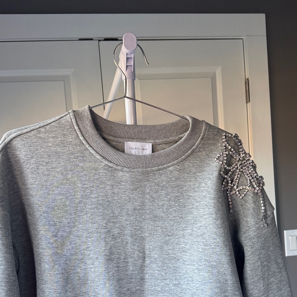 NWOT Gray Sweatshirt with Jeweled Shoulder Detail